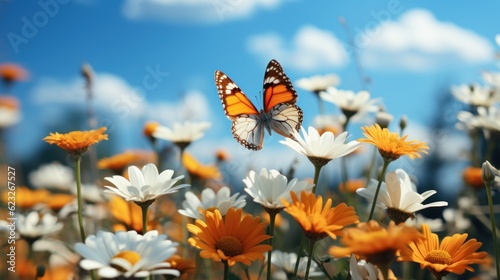 Flowers daisies in summer spring meadow on background blue sky with white clouds, flying orange butterfly, wide format.