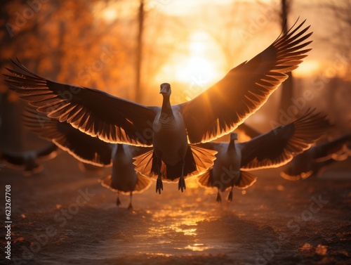 flock of migrating canada geese flying at sunset in a V formation