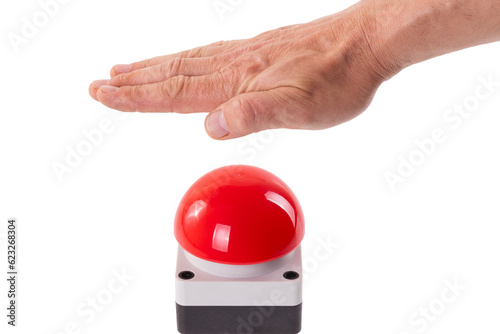 Fotografija Hand pushing a red buzzer isolated on transparent or white background