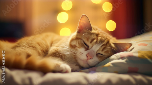 A adorable cat sleeping on bed