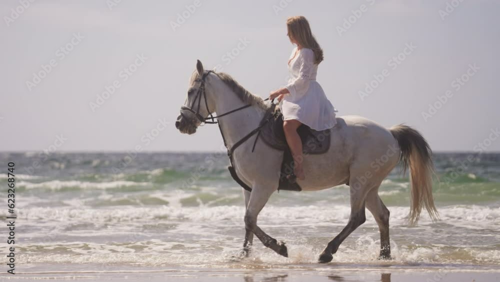 Girl Riding A Horse On Beach Water