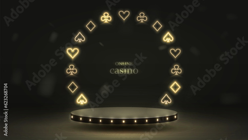 Podium with neon bright glowing golden suits of poker cards: spades, crosses, hearts and diamonds. A casino-themed platform on a black background.