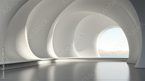 A contemporary room with curves, sparsely furnished. Generative AI. 