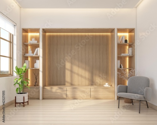 Fototapeta Naklejka Na Ścianę i Meble -  Modern style living room decorated with minimalist tv cabinet and bookshelf, armchair and wood floor, white wall and wood slat wall. 3d rendering
