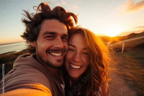 a cute romantic hetrosexual couple shooting a selfie while hiking in country at sunset. Generative AI © SayLi