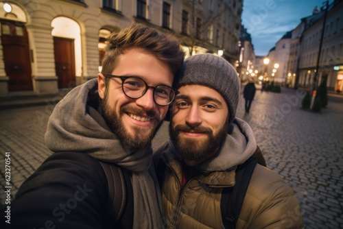 a cute romantic homosexual gay couple shooting a selfie while walking together on a city street and shopping. night evening time. Generative AI