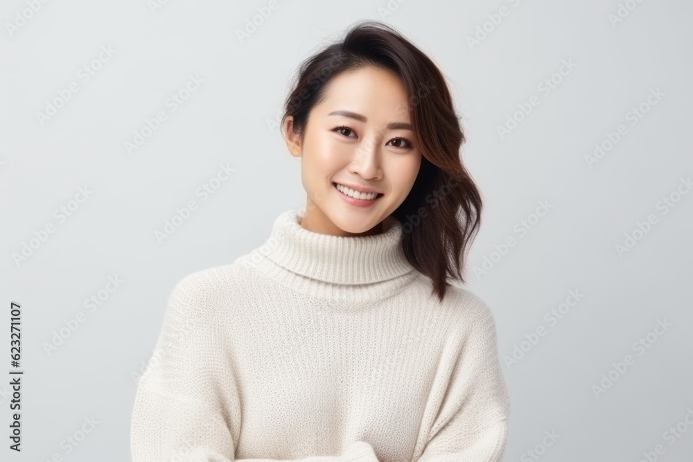 Portrait of a beautiful asian woman in white sweater smiling at camera Portrait of a beautiful asian woman in white sweater smiling at camera