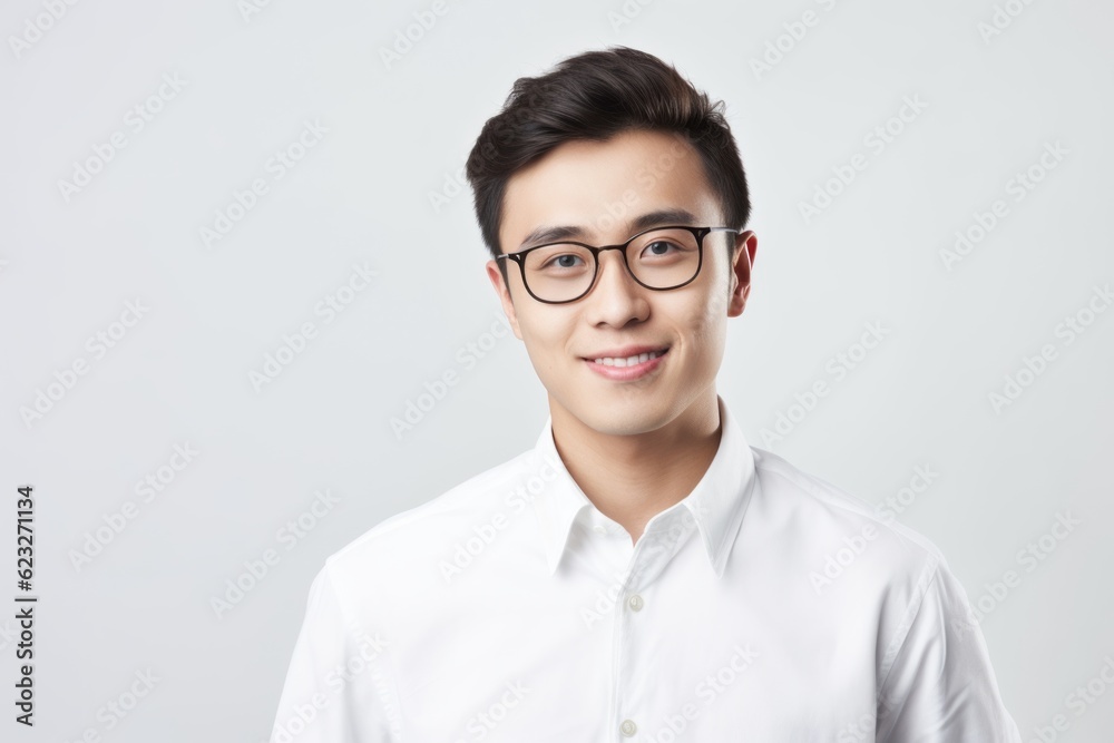 Portrait of a young asian man wearing white shirt and glasses Portrait of a young asian man wearing white shirt and glasses
