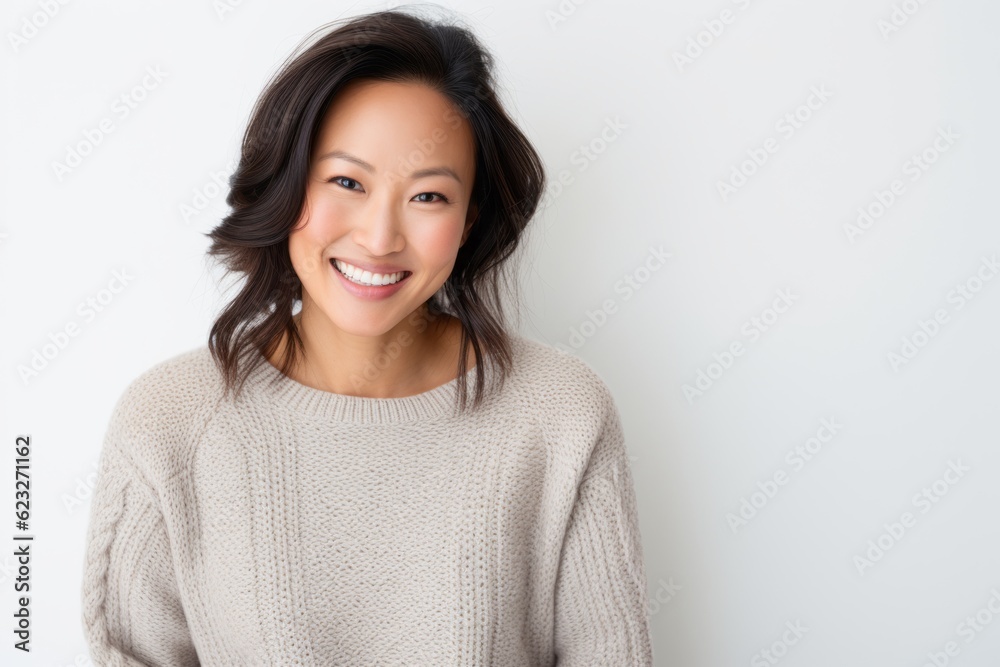 Portrait of happy asian woman smiling at camera on white background Portrait of happy asian woman smiling at camera on white background