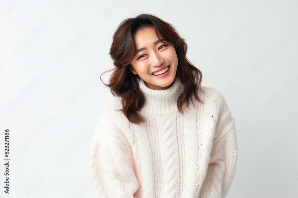 Beautiful asian woman wearing warm sweater isolated on white background. Beautiful asian woman wearing warm sweater isolated on white background.