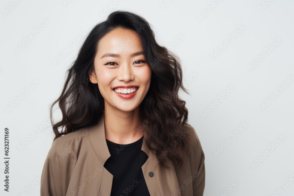 Portrait of smiling young asian woman looking at camera over white background Portrait of smiling young asian woman looking at camera over white background