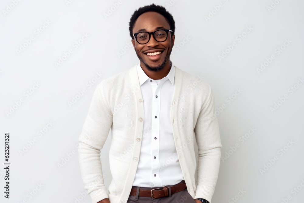 Obraz premium Happy african american man in eyeglasses standing against white background