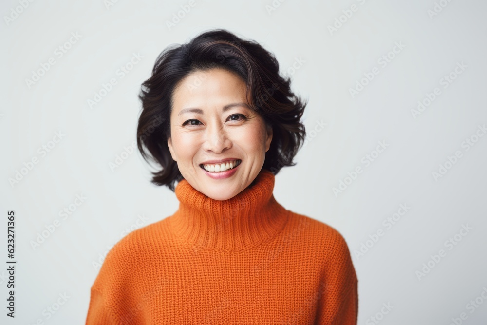 Portrait of smiling asian woman in orange sweater against white background Portrait of smiling asian woman in orange sweater against white background