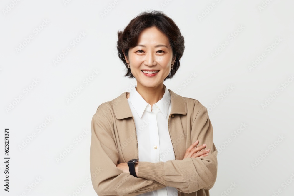 Portrait of a happy asian businesswoman standing with arms folded over white background Portrait of a happy asian businesswoman standing with arms folded over white background
