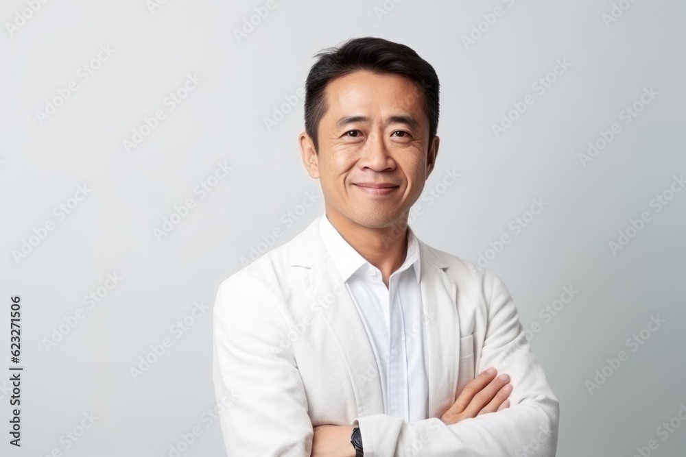 Portrait of a smiling asian businessman with arms crossed standing against white background Portrait of a smiling asian businessman with arms crossed standing against white background
