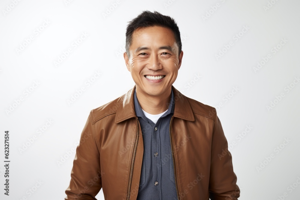 Portrait of a smiling asian man in brown jacket over white background Portrait of a smiling asian man in brown jacket over white background