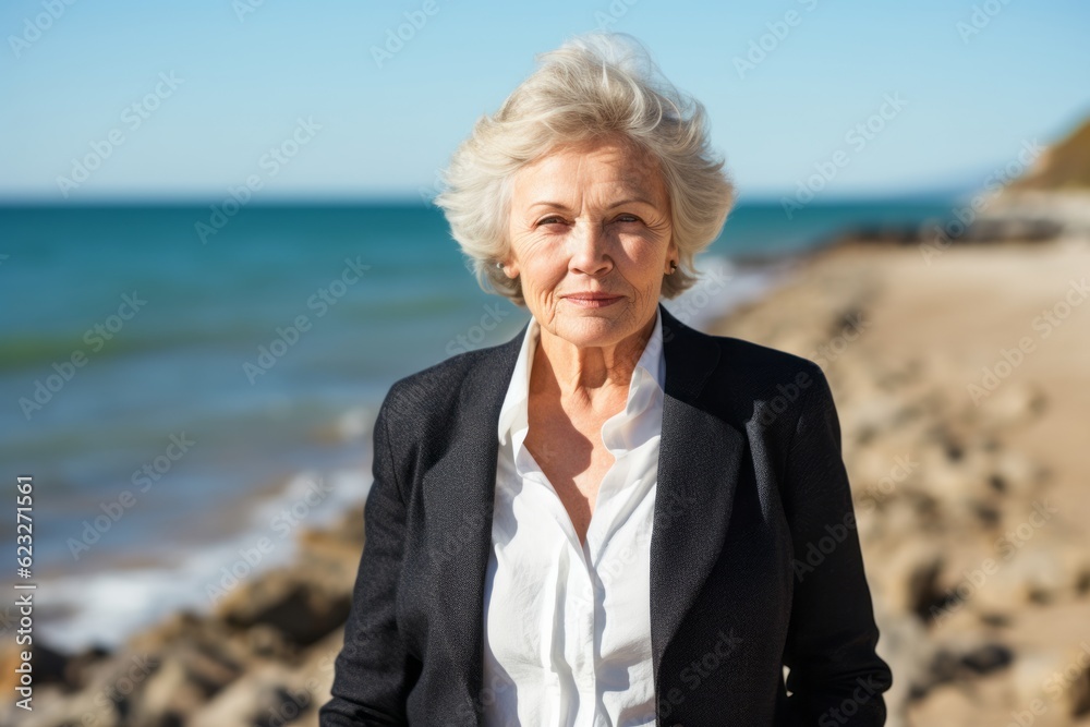 Portrait of senior businesswoman standing on seashore and looking away