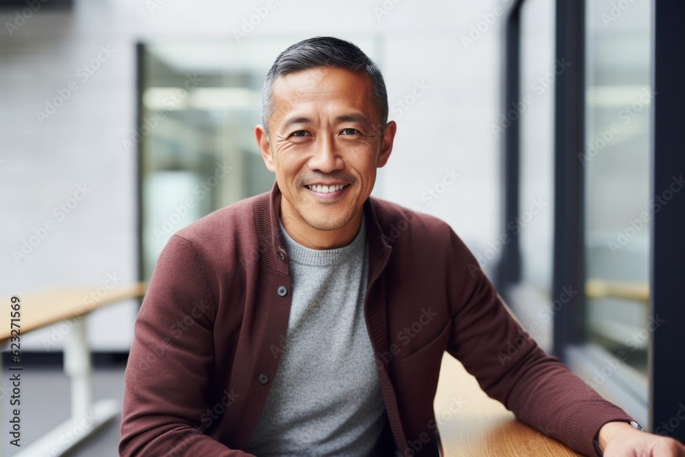 Portrait of smiling asian man sitting at table in office lobby Portrait of smiling asian man sitting at table in office lobby