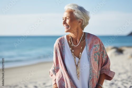 Portrait of happy senior woman standing on beach with arms around neck