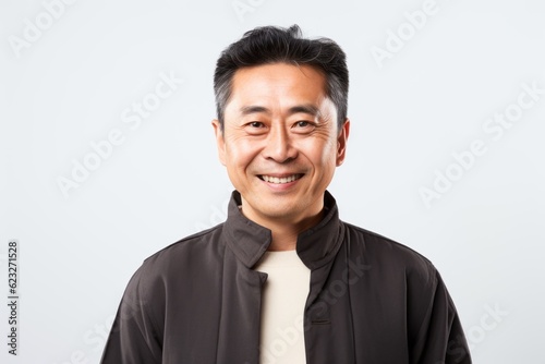 asian man in a black jacket smiling at the camera on white background