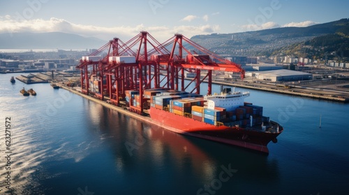 Container ship loading and unloading in sea port, Aerial view of business logistic import and export freight transportation by container ship in harbor, Container loading Cargo freight ship,