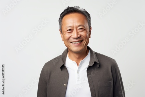 Portrait of an Asian man smiling at the camera over white background