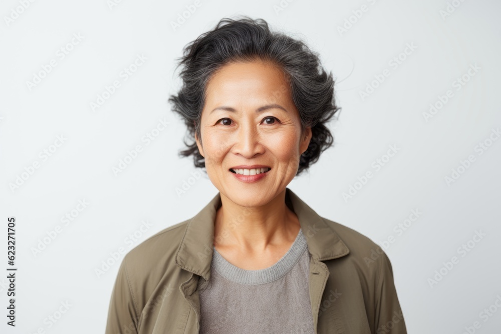 Portrait of happy mature Asian woman looking at camera over white background Portrait of happy mature Asian woman looking at camera over white background
