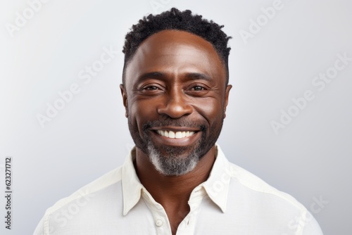 Portrait of happy african american man smiling against white background