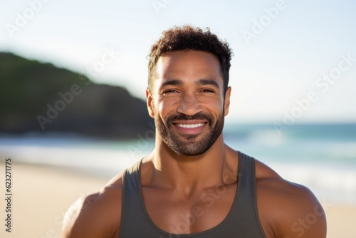 Portrait of smiling african american man at beach on a sunny day