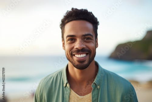 Medium shot portrait photography of a happy Brazilian man in his 30s wearing a chic cardigan against a beach background 