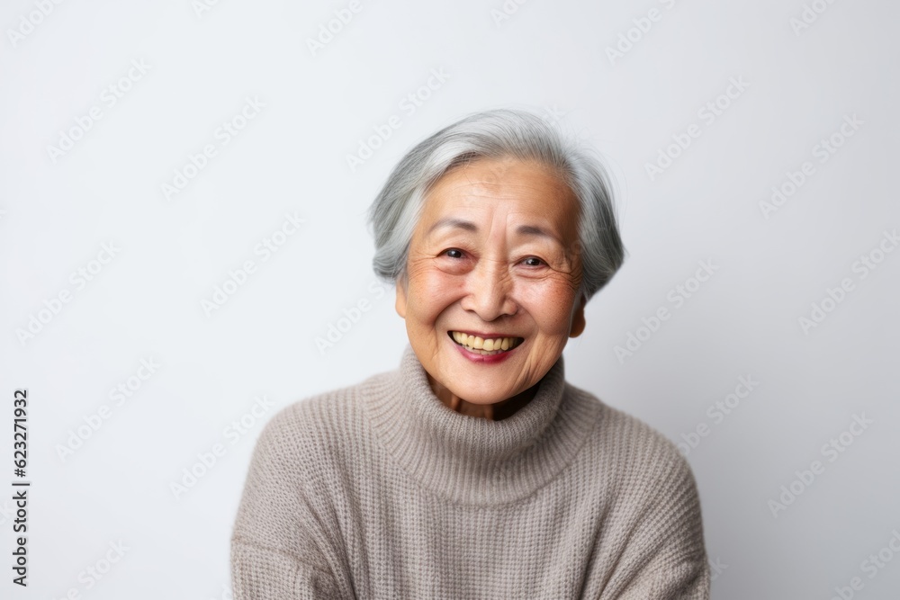The senior Asian woman standing on the white background with a smile. The senior Asian woman standing on the white background with a smile.