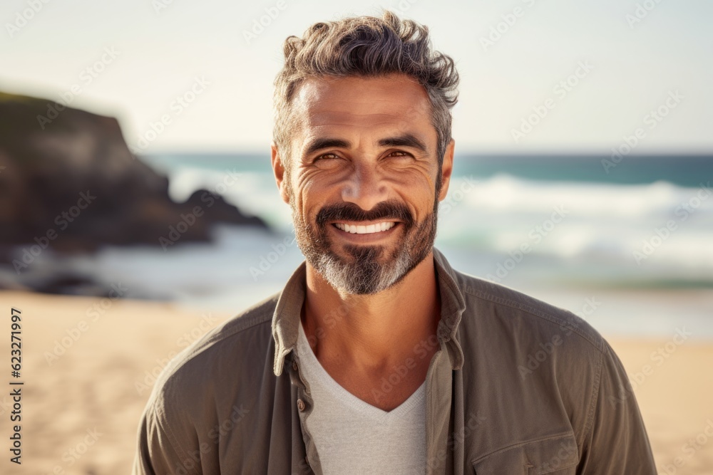 Portrait of handsome mature man smiling at camera on the beach.