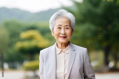 Asian senior woman walking in the park with smiley face and happiness