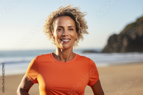 Portrait of smiling sporty woman with curly hair standing on beach © Hanne Bauer
