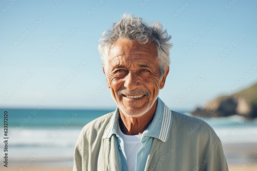 Portrait of smiling senior man standing at beach on a sunny day