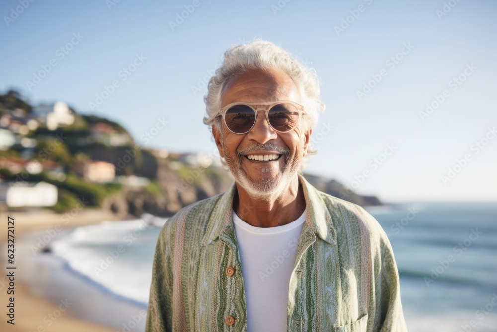 Portrait of smiling senior man standing at beach on a sunny day