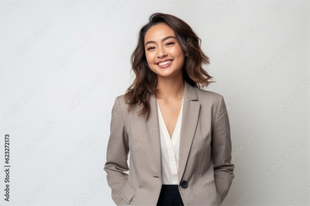 Portrait of happy young business woman smiling at camera on grey background Portrait of happy young business woman smiling at camera on grey background