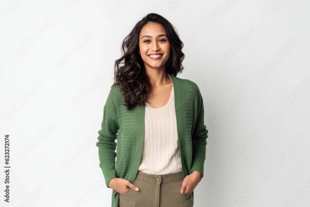 Portrait of a happy young woman standing with hands in pockets over white background Portrait of a happy young woman standing with hands in pockets over white background