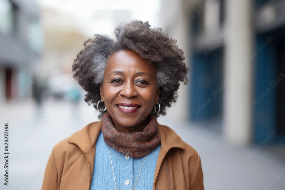 Portrait of a smiling senior woman with curly hair in the city Portrait of a smiling senior woman with curly hair in the city