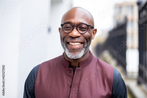 Portrait of smiling mature man with eyeglasses standing in city