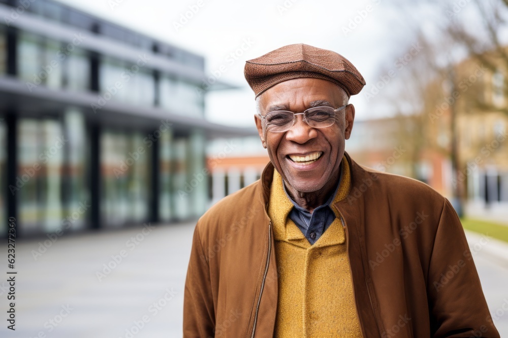 Portrait of a happy senior man in a brown coat and beret Portrait of a happy senior man in a brown coat and beret