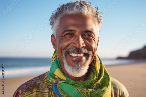 Portrait of smiling senior man with headscarf on the beach