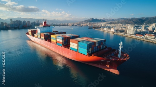 Container ship loading and unloading in sea port, Aerial view of business logistic import and export freight transportation by container ship in harbor, Container loading Cargo freight ship,