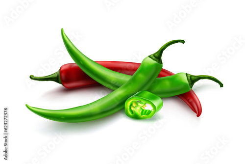 3d red and green chili vector concept Full Vector