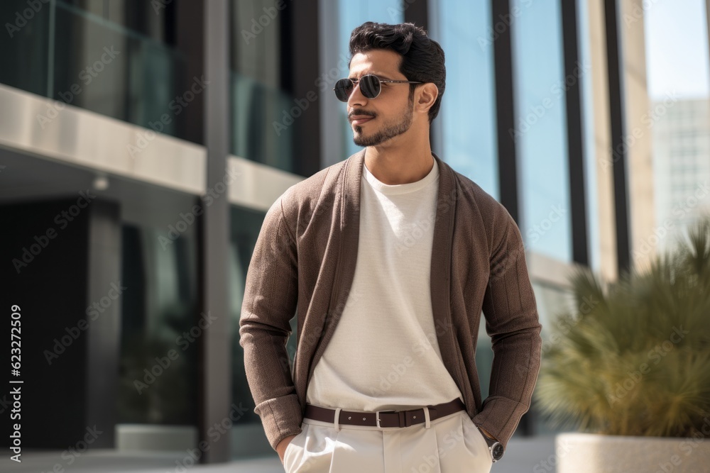 handsome indian man in sunglasses with hand in pocket looking away