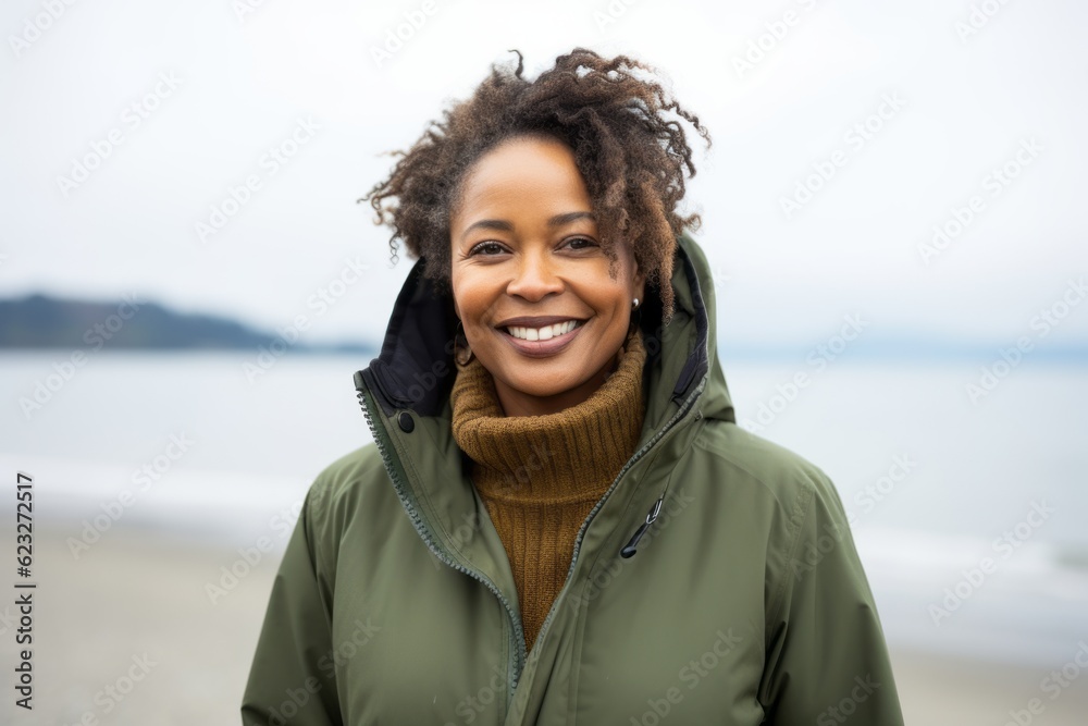 Portrait of smiling african american woman in winter clothes on beach Portrait of smiling african american woman in winter clothes on beach