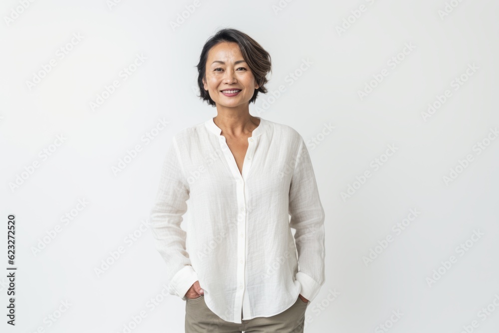 Mature Asian businesswoman standing with hands in pockets and looking at camera Mature Asian businesswoman standing with hands in pockets and looking at camera