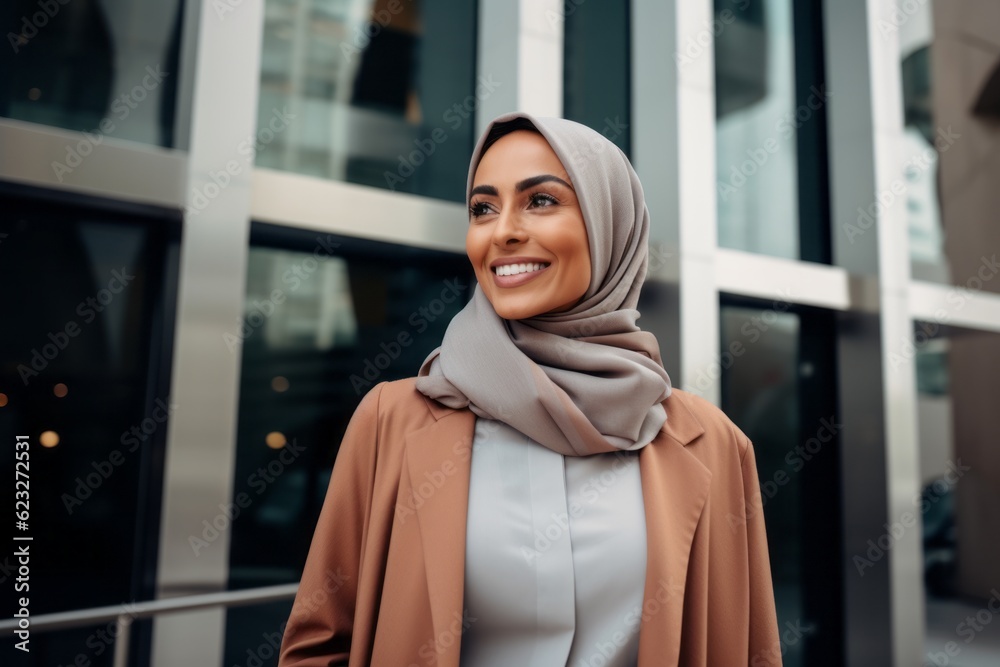 Medium shot portrait photography of a happy Saudi Arabian woman in her 40s wearing a chic cardigan against a modern architectural background