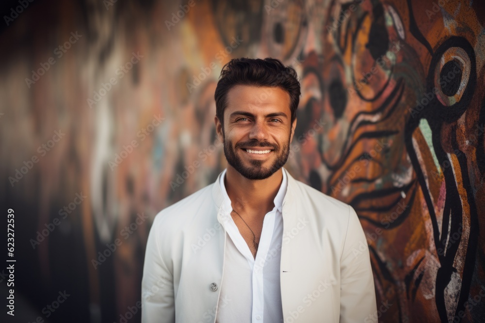 Portrait of a handsome young man in a white jacket against a graffiti wall