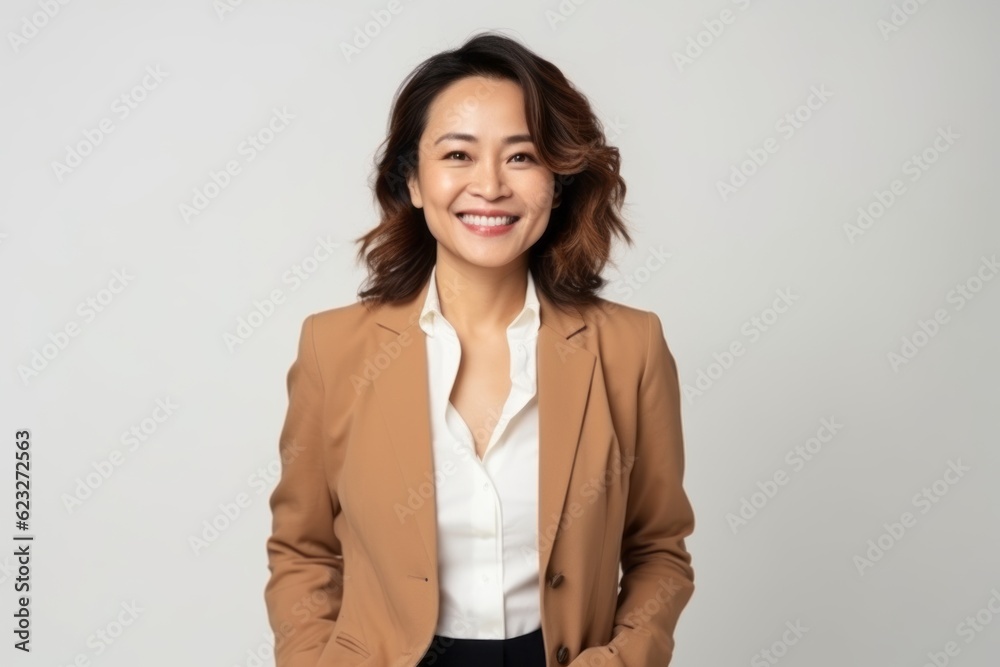 Portrait of a smiling businesswoman standing with hands in pockets against white background Portrait of a smiling businesswoman standing with hands in pockets against white background